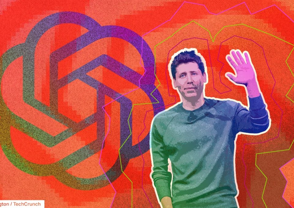 An illustration of Sam Altman in front of the OpenAI logo