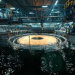 An orange plastic reservoir sits inside a wave tank in a testing facility.
