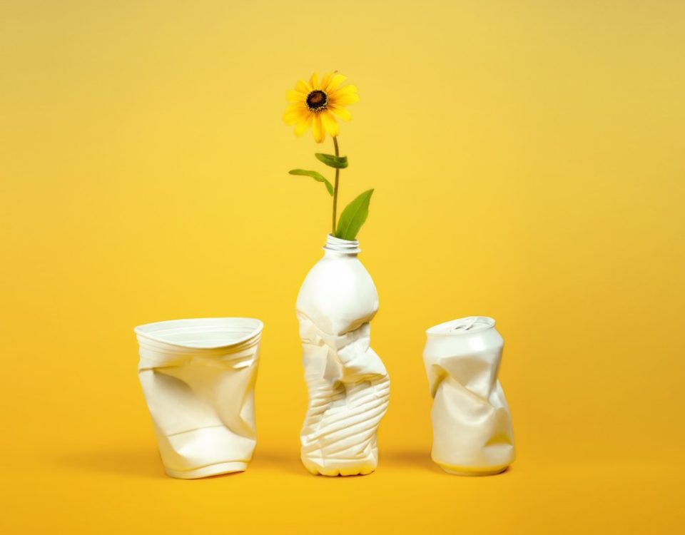 Plastic containers repurposed as vases