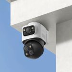 A promotional photo of a Eufy security camera and its accompanying app.