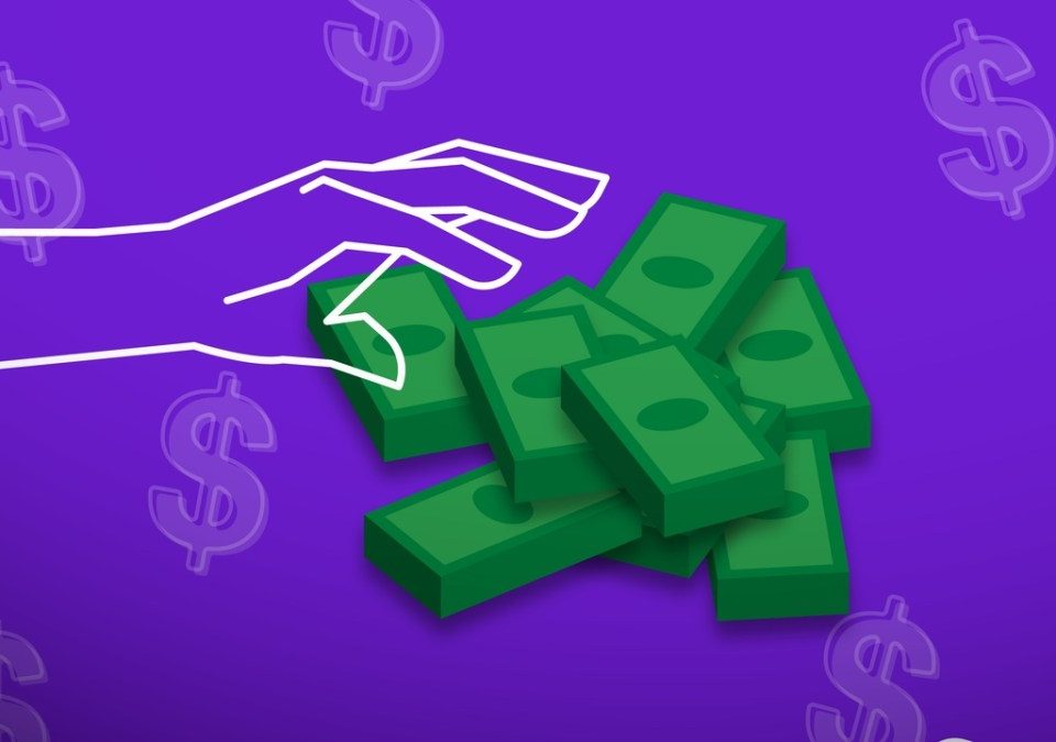 a white outlined hand grabbing piles of illustrated cash on a purple background with dollar signs