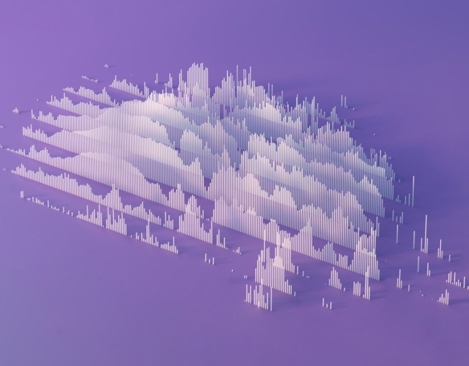 Digital generated image of abstract cloud / data visualization on purple background.