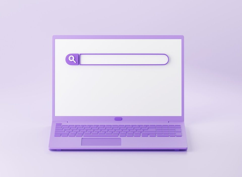 Web search bar on laptop screen 3d render - illustration of website form for research of information on computer