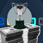 render of trophy atop stack of dollar bills