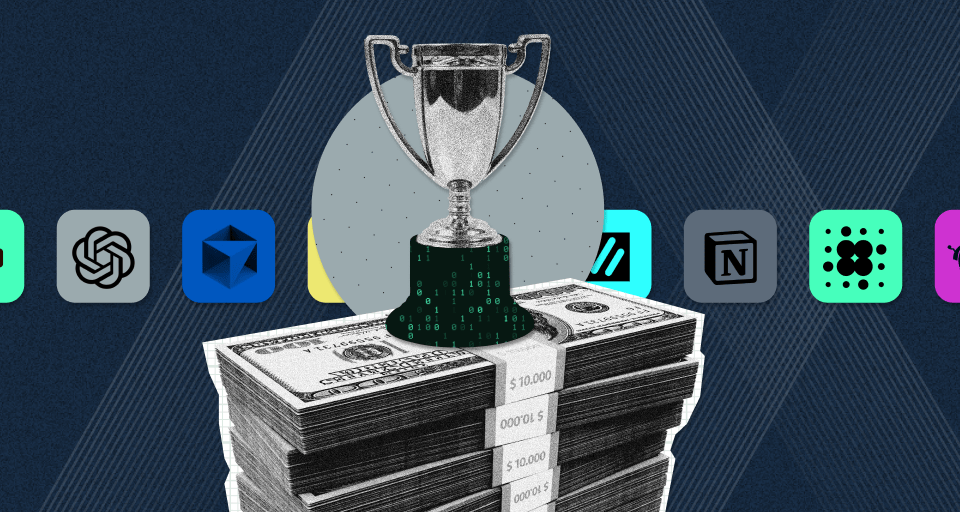 render of trophy atop stack of dollar bills