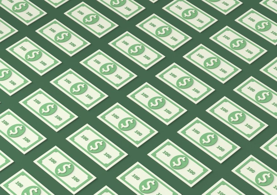 an illustration of patterned 100 dollar bills on a green background
