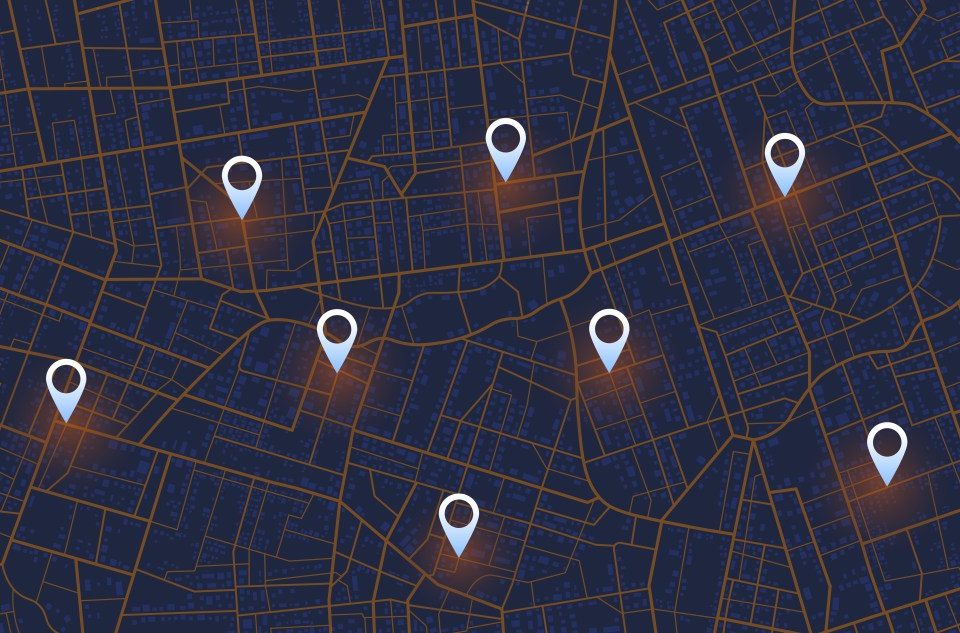 Multiple destinations. Gps tracking map. Track navigation pins on street maps, navigate mapping technology and locate position pin. Futuristic travel gps map or location navigator. Route distance data, path turns. destination tag, Vector